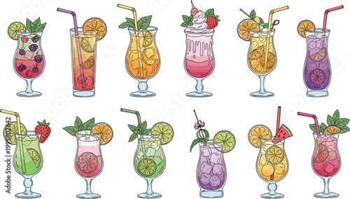 Colorful Cocktail Drinks Collection with Fresh Fruit Garnish Tropical Beverages in Glasses Summer Party Mocktail and Alcohol Drink Vector Illustration SetColorful Cocktail Drinks Collection with Fresh
