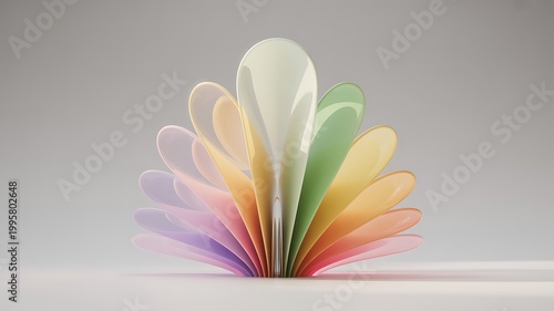 Abstract 3d artwork showing a colorful flower petal like form against a soft neutral background.