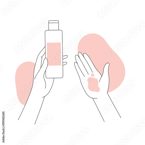 Putting shampoo in hand. Washing hair, taking a shower line vector illustration