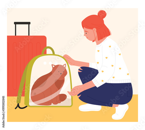 Girl travelling with her cat. Kitten travel in backpack, airplane ticket for pets cartoon vector illustration