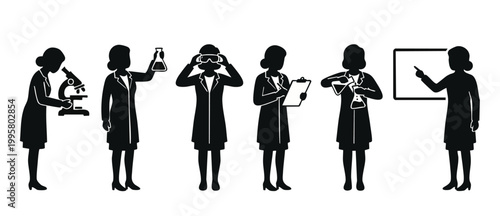 Scientist woman icon set in lab coat working with equipment. Black silhouettes of female researchers using microscope, chemicals, clipboard, and presentation board for medical laboratory analysis.
