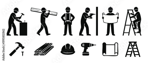 Construction Worker Icon Set, Builders and Carpentry Tools Pictograms for Industrial Design, Renovation, Architecture, and Professional Handyman Services, Vector Black Silhouettes Isolated on White Ba