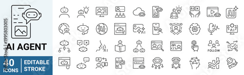 Set of 40 outline icons related to AI agent. Linear icon collection. Editable stroke. Vector illustration
