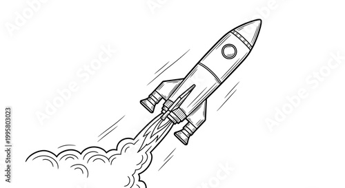 Hand Drawn Rocket Launching Upwards with Smoke Trail