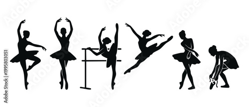 Ballerina silhouette set, ballet dancer posing, dance performance vector icons collection. Elegant female gymnast in tutu skirt moving, ballet studio practice, graceful artistic choreography and class