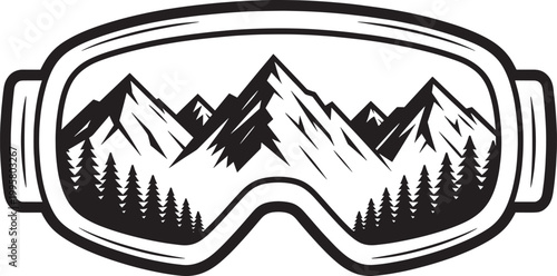 Ski goggles reflecting snowy mountains and pine trees representing winter sports adventure and outdoor recreation.