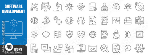 Software Development Line Icons Set, Coding Programming AI Technology Web Development Outline Vector Collection Editable Stroke