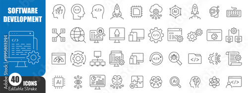 Software Development Line Icons Set, Coding Programming AI Technology Web Development Outline Vector Collection Editable Stroke