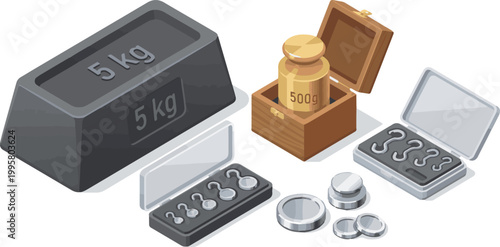 Isolated a realistic kinds of deferent Calibration weights 3d rendering vector art with white background..