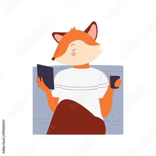 Cartoon funny fox booklover reading story electronic book isolated on white
