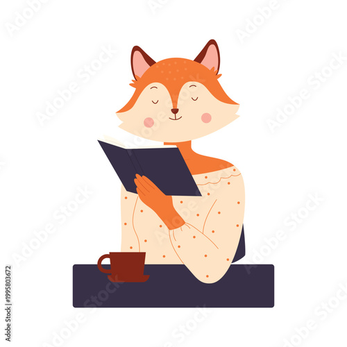 Cartoon funny fox booklover reading story book literature from library or bookstore, fun storytime isolated on white