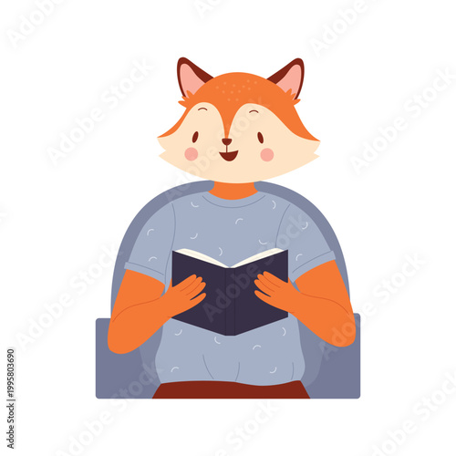 Cartoon funny fox booklover reading story book literature from library or bookstore, fun storytime isolated on white