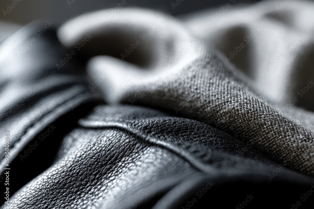 Fototapeta premium This close-up image focuses on the soft textures of woolen and leather materials, illustrating the interplay of fashion, comfort, and luxury in textile design.