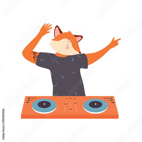 Cartoon funny dj fox standing at turntable, playing mixing electronic disco in nightclub isolated on white