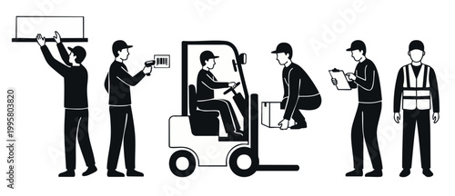 Warehouse Workers Loading Shipping Logistics Icon Set, Forklift Operator and Storehouse Staff Handling Boxes, Barcode Scanning and Inventory Management Activities for Supply Chain Operations and Distr