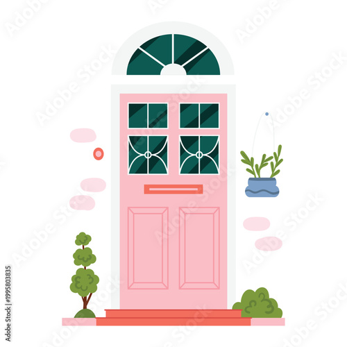 Retro vintage pink door for home apartment isolated vector illustration