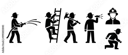 Firefighter icons set, fireman activities and equipment collection. Silhouette vector of professional rescue operations, emergency service, firefighting tools, ladder climbing and water hose spraying