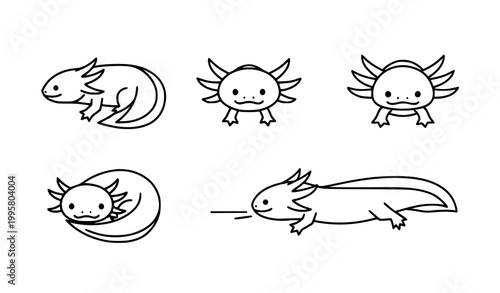 Minimal axolotl silhouette vector icon set with cute aquatic amphibian clipart wildlife collection isolated on white background