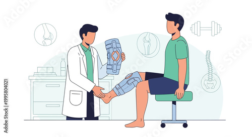 Doctor examining patient's knee injury, physiotherapy and rehabilitation concept