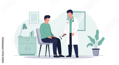 Doctor examining patient's knee reflex with reflex hammer in clinic office