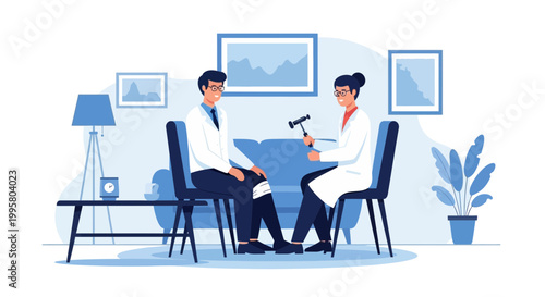 Doctor examining patient's knee reflex with reflex hammer in a modern clinic