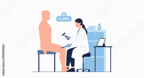Doctor examining patient's knee with reflex hammer in clinic, medical checkup