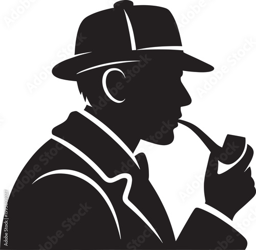 Silhouette of a detective smoking a pipe wearing a hat, mystery man profile, vintage character art.