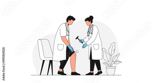 Doctor examining patient's knee reflex with reflex hammer, medical checkup