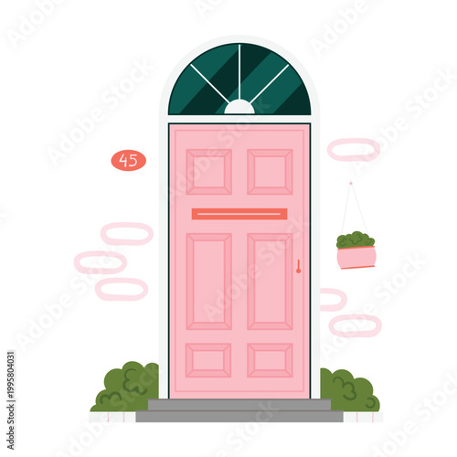 Retro vintage pink door for home apartment isolated vector illustration