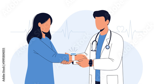 Doctor examining patient's smartwatch for health data, modern healthcare concept