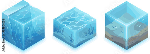 Isolated a realistic kinds of deferent Cross section of water cube 3d rendering vector art with white background.