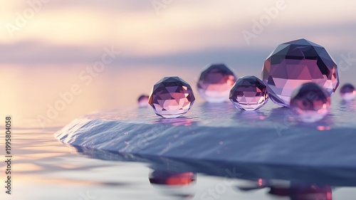 Abstract artistic render of purple crystal spheres resting on an ice formation with soft pastel tones