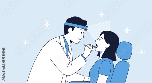 Doctor examining patient's throat with medical instrument in clinic, healthcare concept