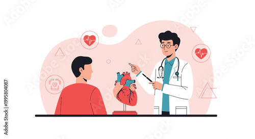 Doctor explaining heart anatomy to patient, cardiology consultation, medical illustration