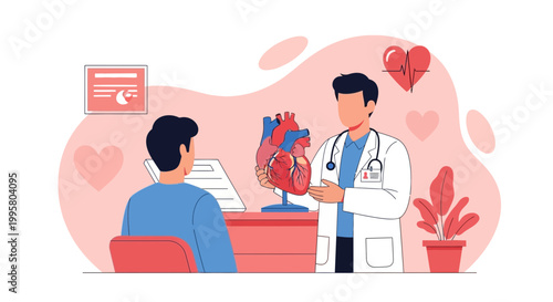 Doctor explaining heart anatomy to patient, medical consultation, cardiology concept