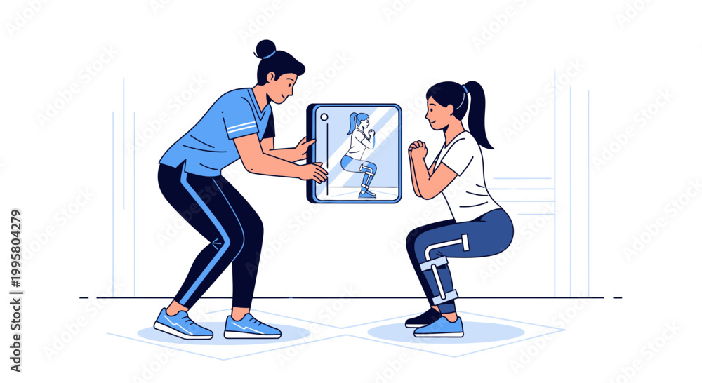Fototapeta premium Fitness trainer guiding woman doing squats using virtual reality fitness app on screen