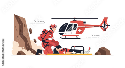 Emergency Rescue: Paramedic Assists Injured Person Near Helicopter and Landslide