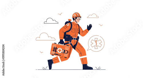 Emergency rescuer running with first aid kit, medical emergency, urgent help, rescue operation