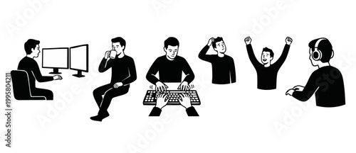 Man working at computer set, office worker activities, lifestyle routine icons, black and white minimalist line art design, professional employee habits, daily tasks, business process character illust