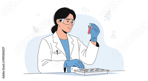 Female scientist in lab coat and goggles holding test tube, conducting research