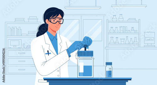 Female scientist in lab coat and goggles conducts experiment with beakers and vials