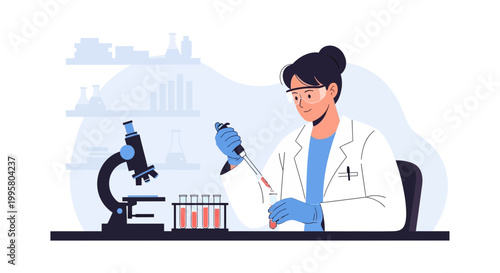 Female scientist in lab coat and goggles working with pipette and microscope
