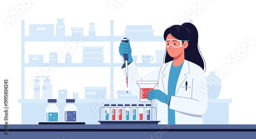 Female scientist in lab coat conducting experiment with pipette and test tubes