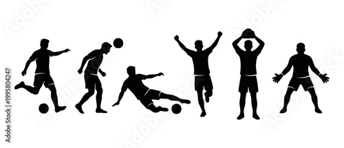 Soccer player silhouette action set, football athletes playing game, winning celebration and goalkeeper poses, isolated black icons collection for sports design, graphic elements for team competition.