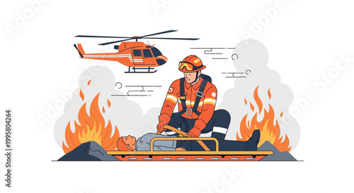 Firefighter performs CPR on patient during rescue operation with helicopter and fire