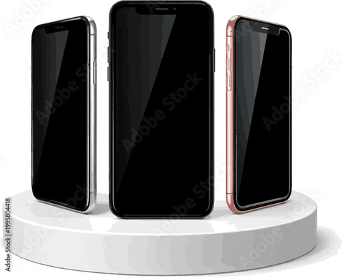 Isolated a realistic kinds of deferent Mobile phone with a blank screen on podium isolated on white. Mockup template of modern smartphone. 3d rendering vector art with white background..