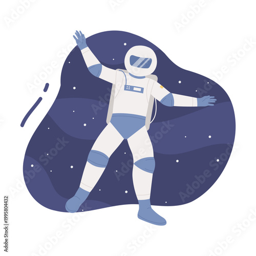 Equipped cosmonaut in the space. Exploring galaxy, solar system research cartoon vector illustration
