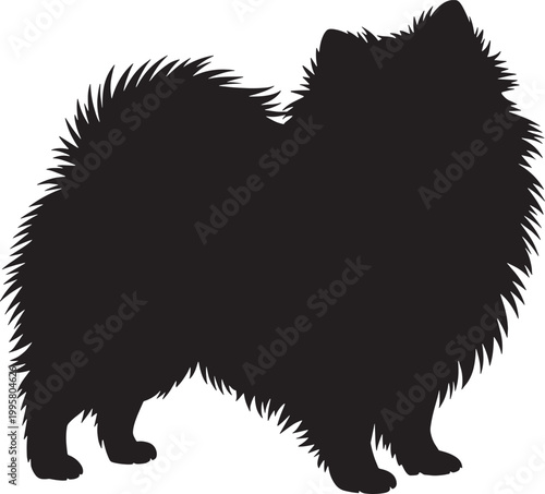 Silhouette of fluffy dog side view black vector illustration on transparent background.
