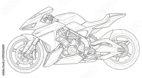 Modern sportbike sketch, technical drawing, wireframe motorcycle design, engineering blueprint