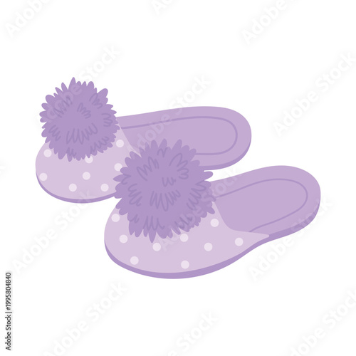 Purple home slippers with pompons. Cozy indoor footwear, fluffy flip flops cartoon vector illustration